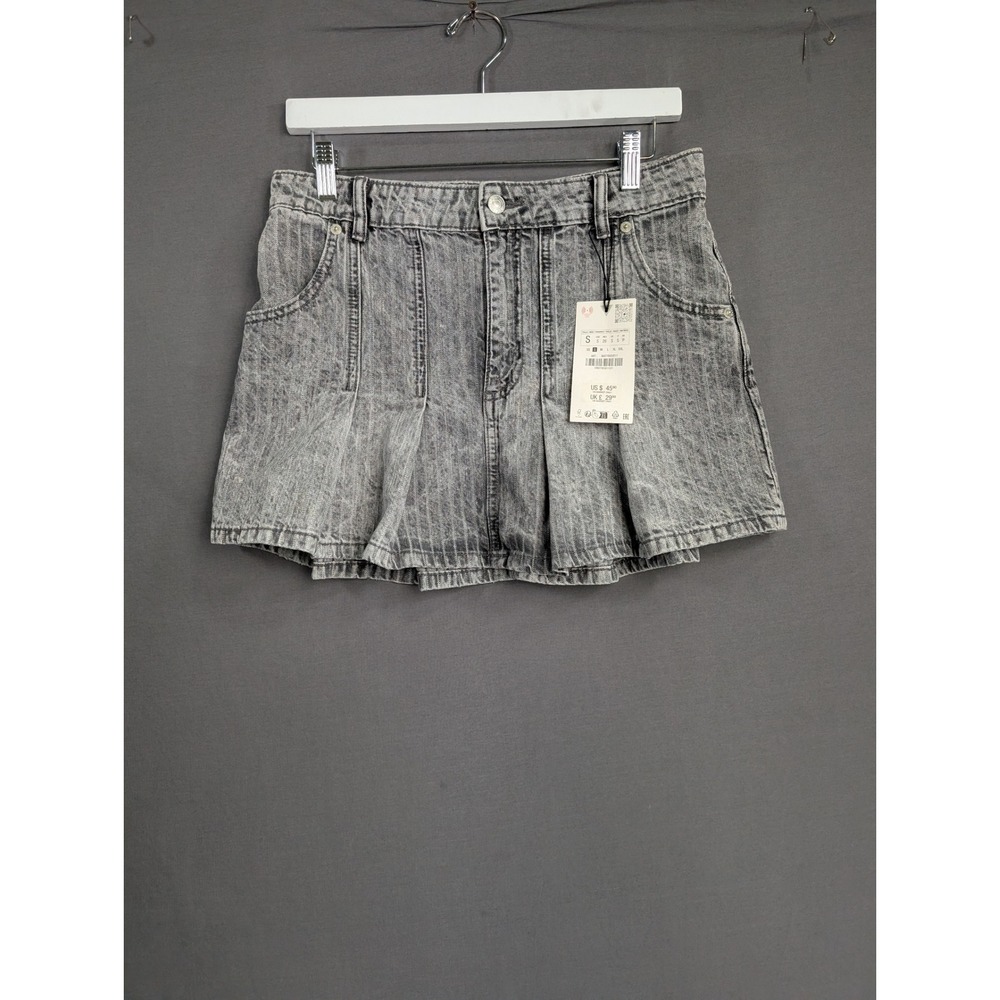 Zara TRF Pinstripe Pleated Denim Mini Skirt Gray Acid Wash Size S 8441